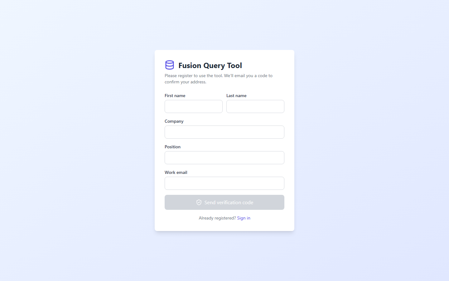 Access is gated. Users register and confirm a one-time email code before they can reach the tool.