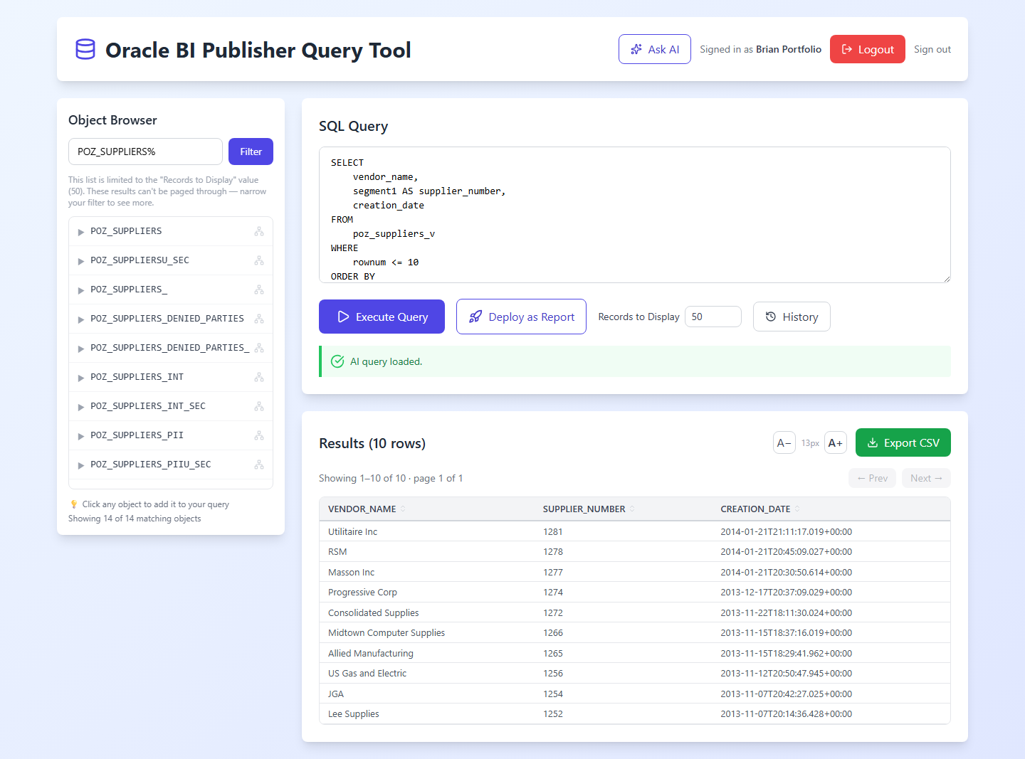 Real rows from the live Fusion instance, ready to export to CSV.