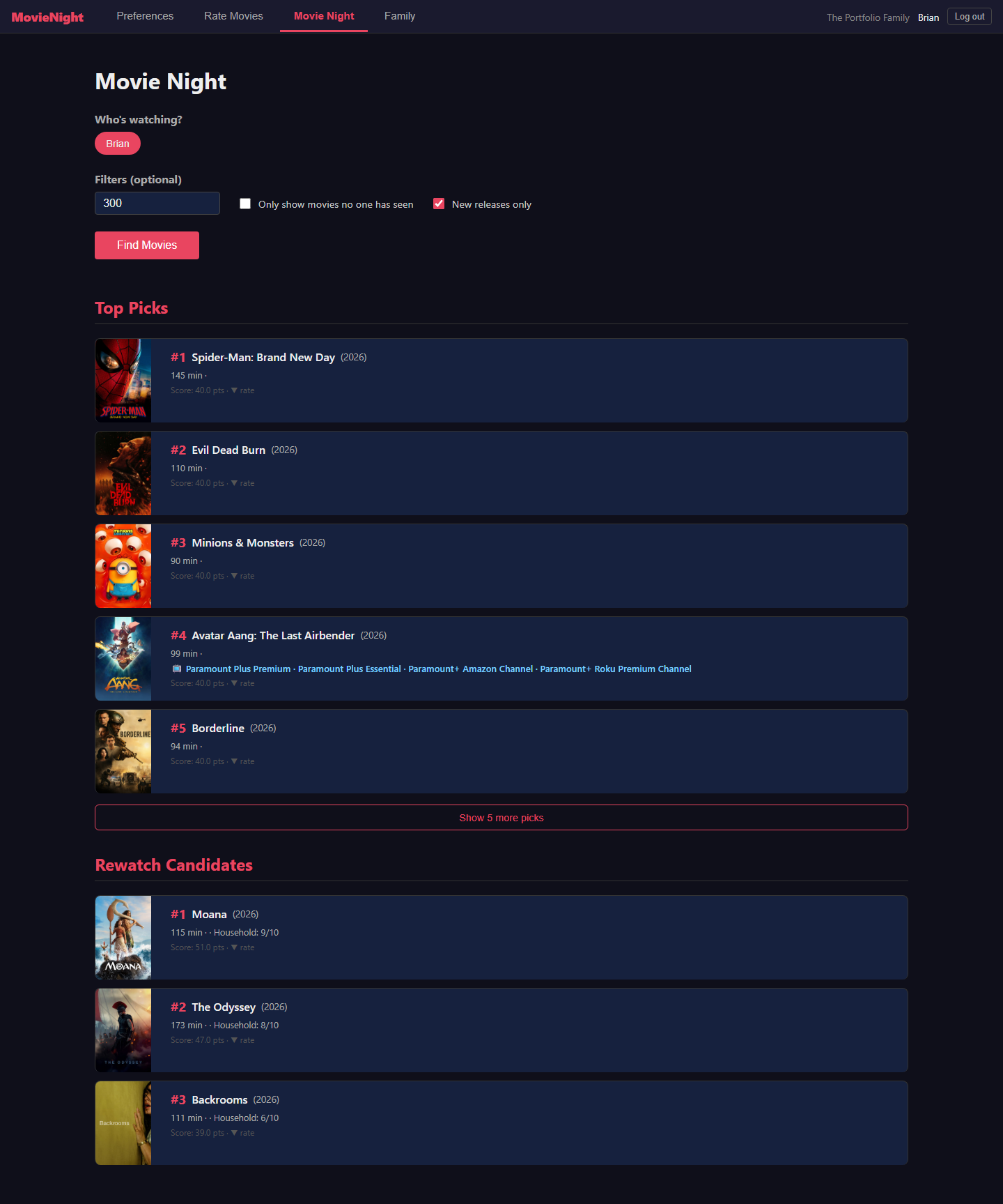 Pick who is watching and get scored Top Picks, filtered to the youngest viewer's rating, plus rewatch candidates and streaming availability.