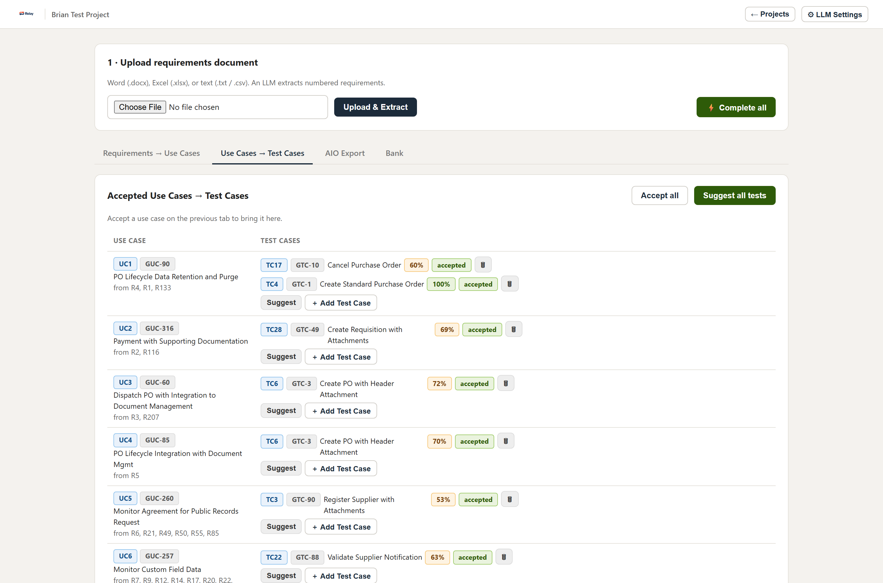Accepted use cases flow to the next step, where Relay matches each to its test cases. The “from R4, R1, R133” note keeps every case traceable back to the requirements it came from.