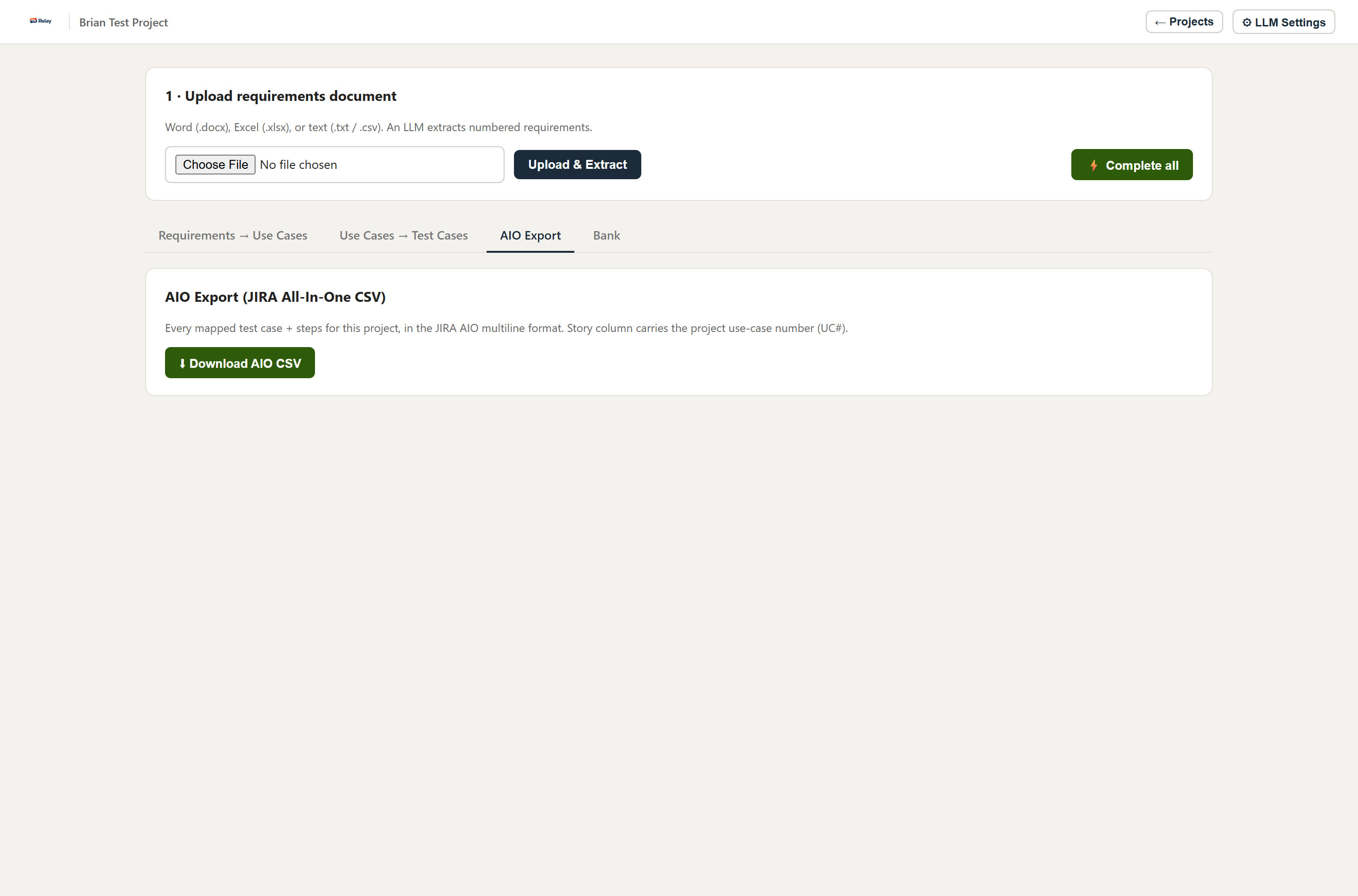When the mapping looks right, export the whole project as a JIRA All-In-One CSV — stories, tests, and steps ready to import.